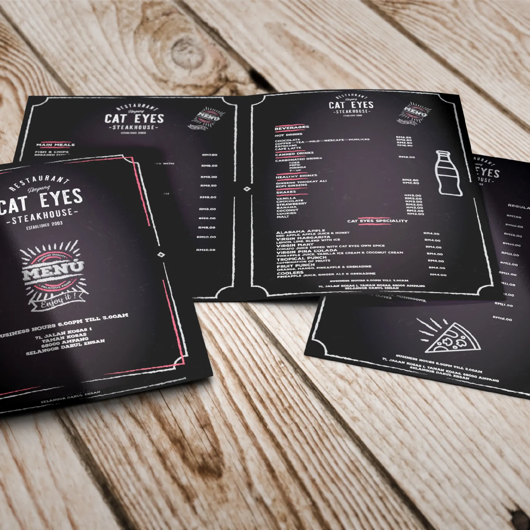 Cat Eyes Steakhouse printed menu set