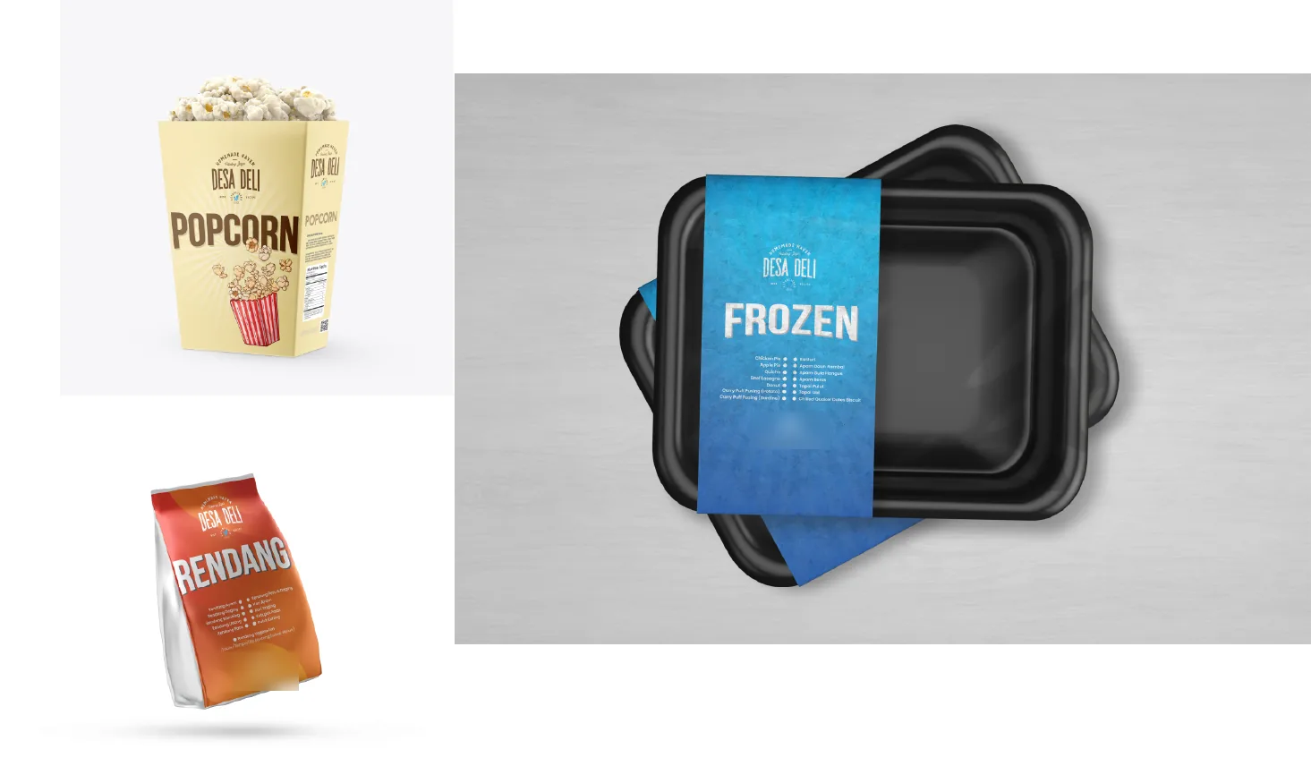 Desa Deli packaging designs: popcorn box, frozen-food tray sleeve and rendang pouch