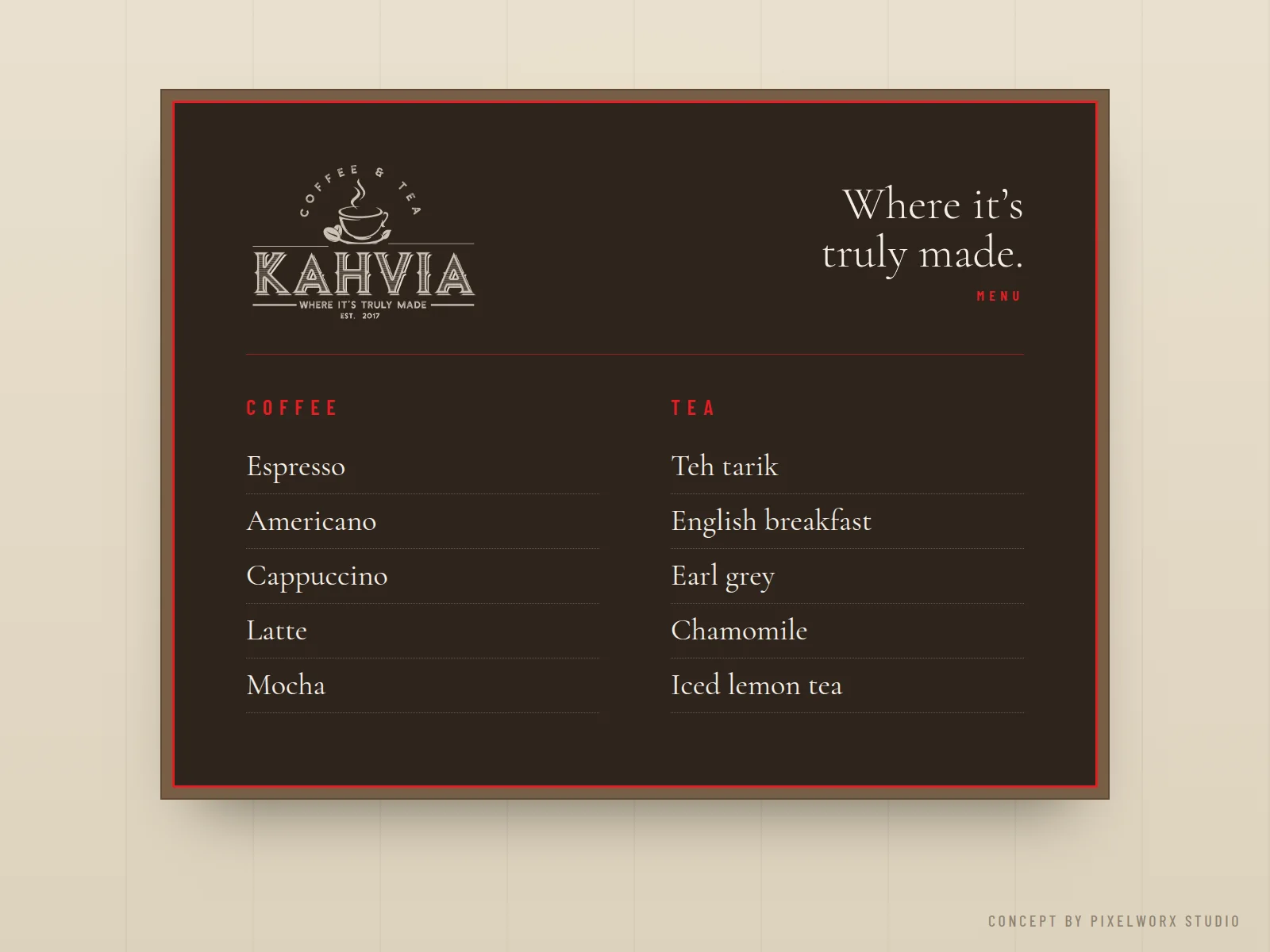 Concept: Kahvia menu board in roast brown with a red rule