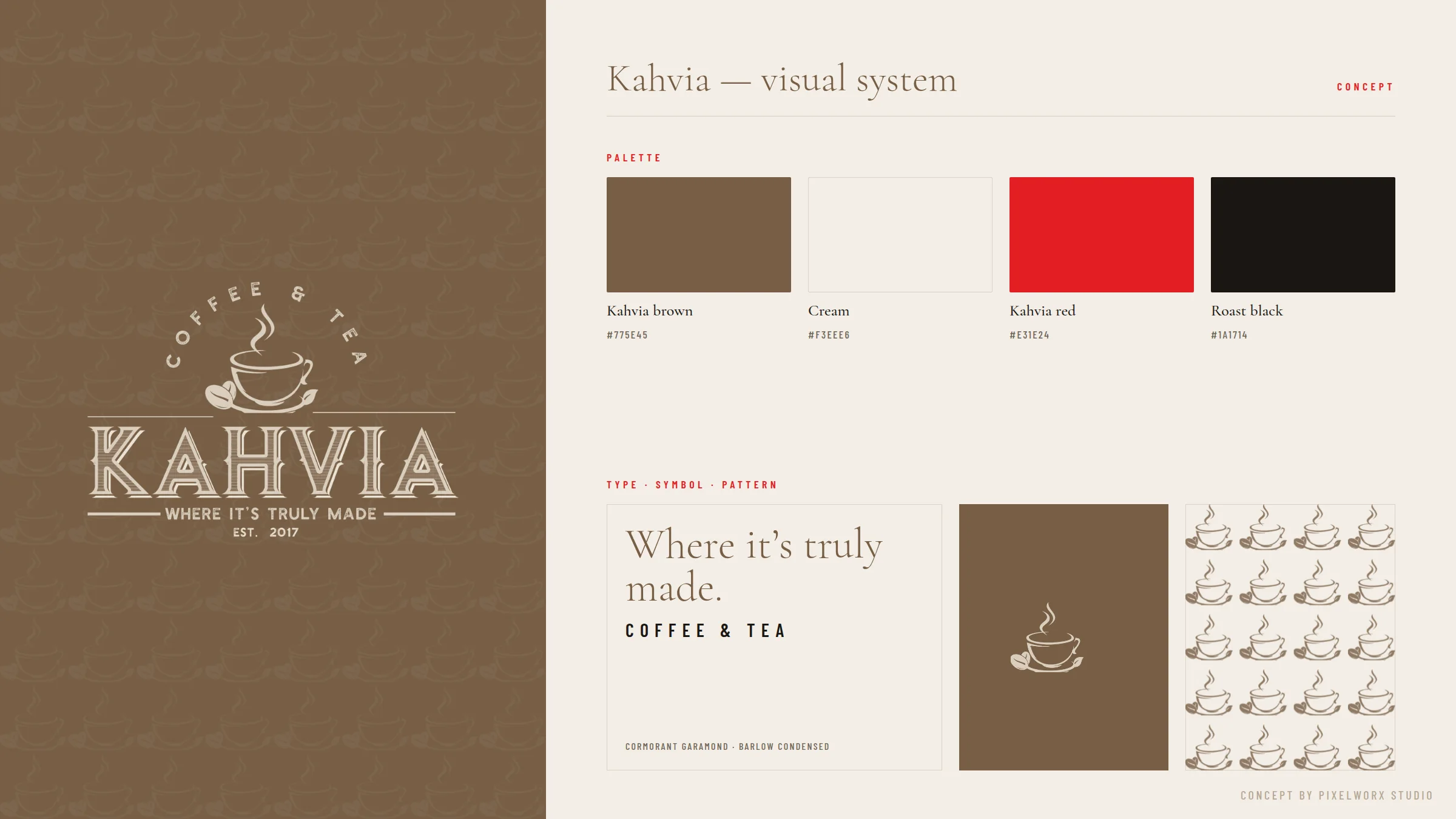 Concept: Kahvia visual system board in brown, cream, red and roast black