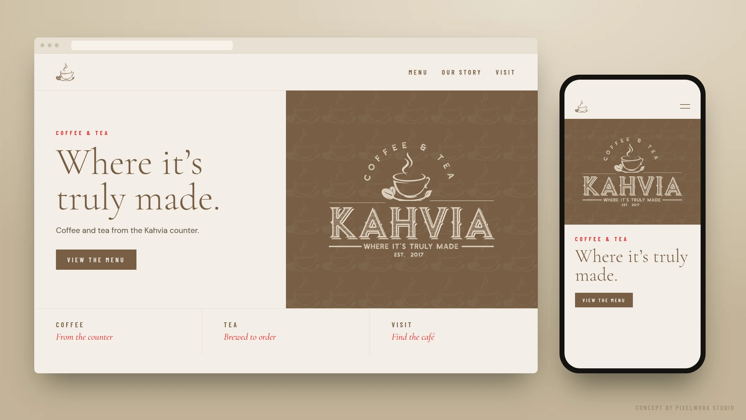 Concept: Kahvia website in cream and brown on desktop and mobile