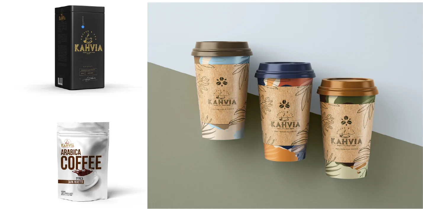 Kahvia packaging designs: black tin, white Arabica pouch and three kraft takeaway cups