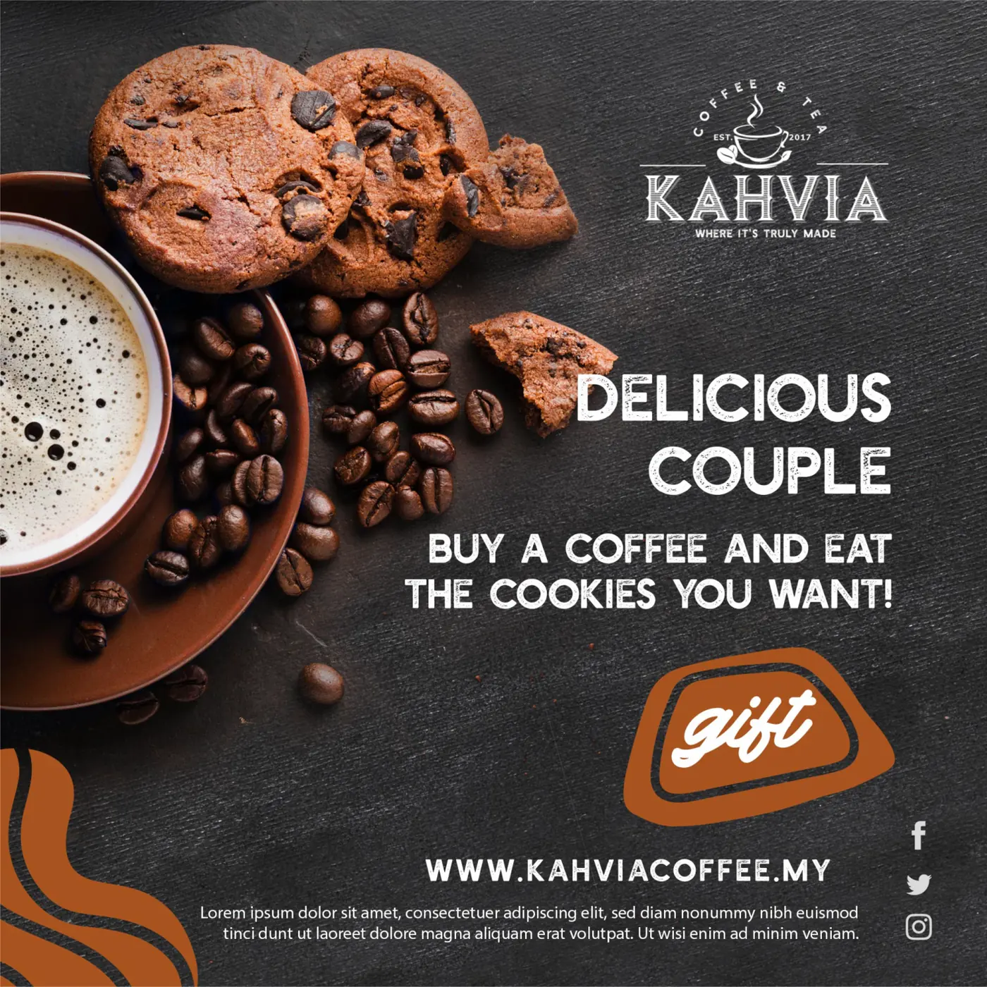 Kahvia Instagram post design with coffee and cookies
