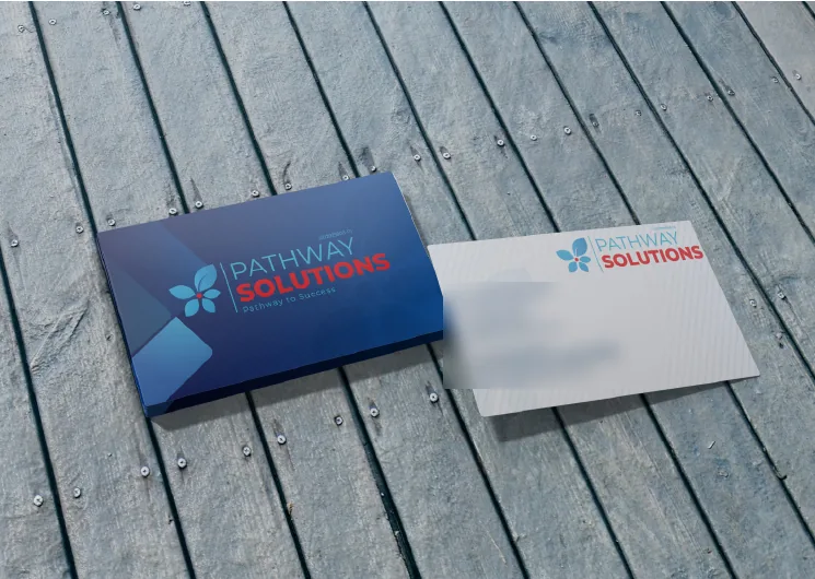 Pathway Solutions business cards, front in navy and back in white