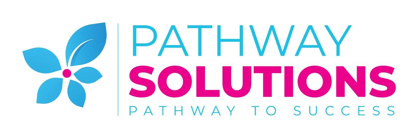 Pathway Solutions colour logo: cyan symbol with magenta Solutions