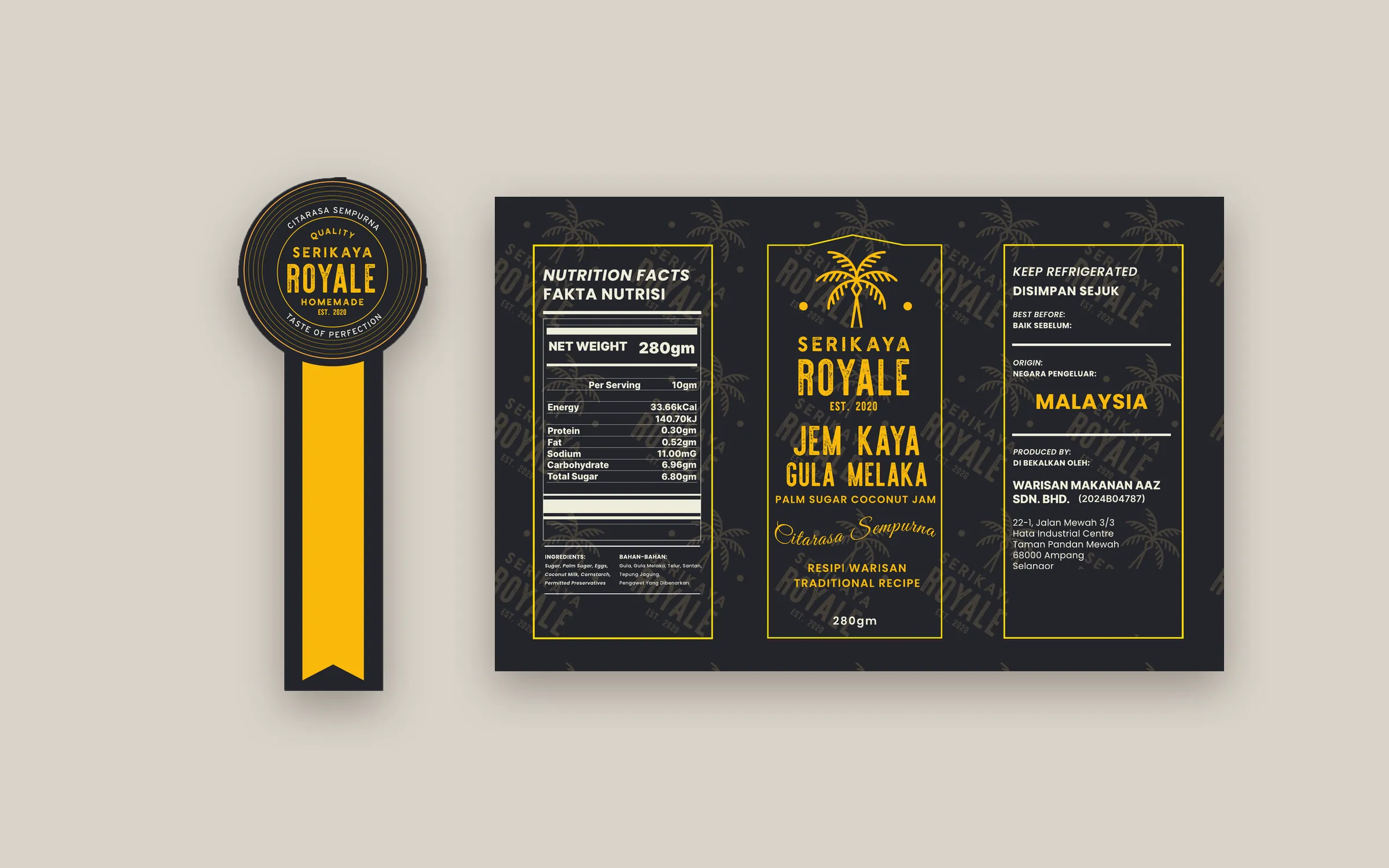 Seri Kaya Royale lid seal and wrap-around jar label, flat artwork