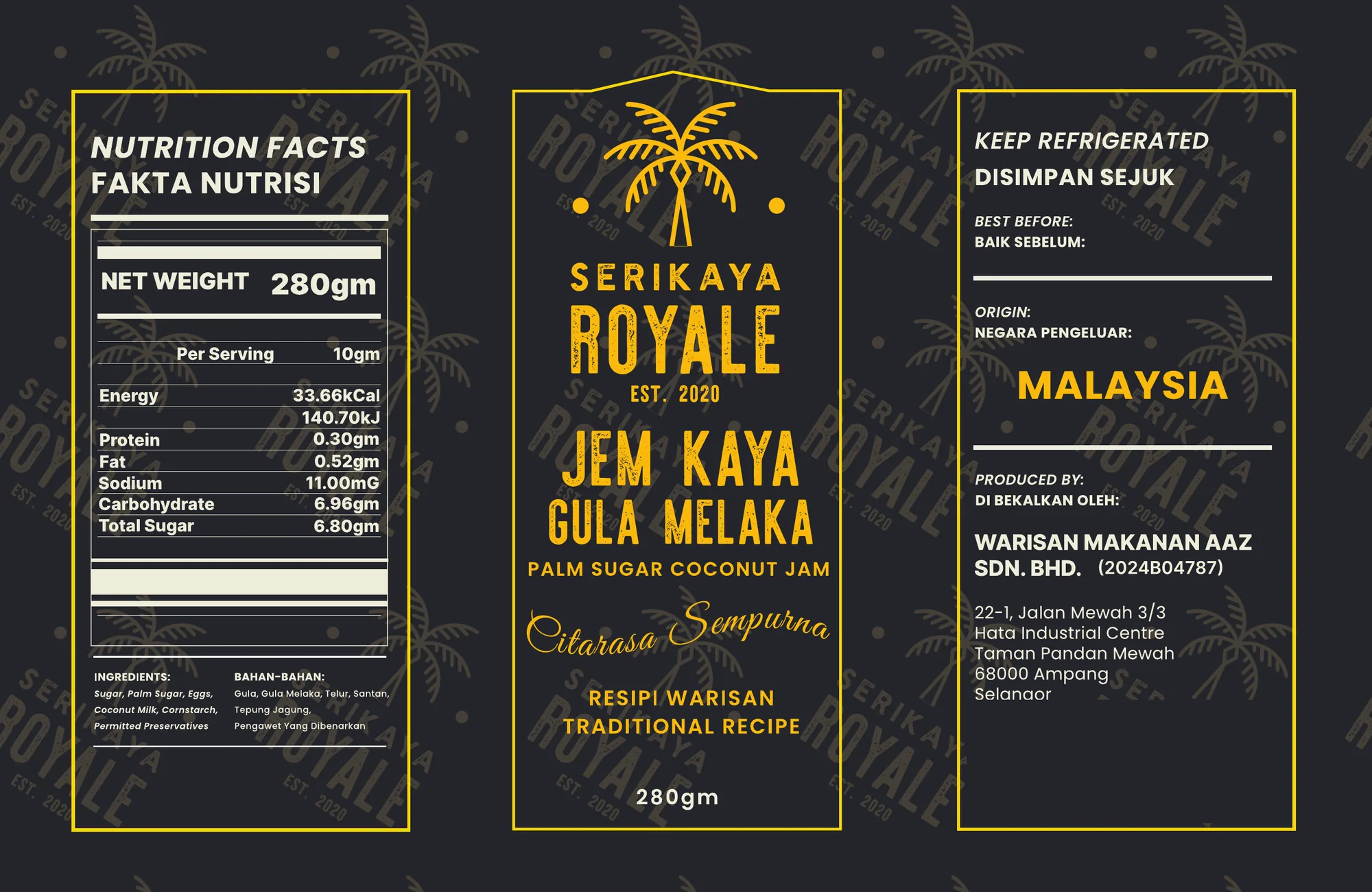 Seri Kaya Royale wrap-around jar label: nutrition panel, brand panel and producer panel